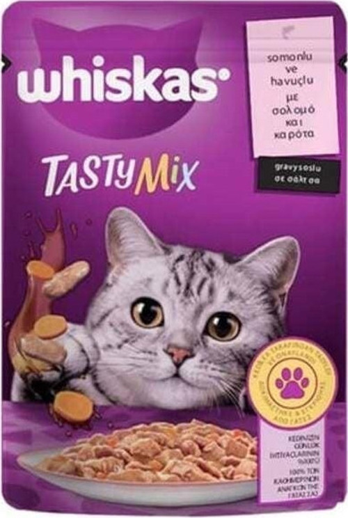 Pouch Tasty Mix Sos İçerisinde Somonlu ve Havuçlu Yetişkin Konserve Kedi Maması 85 Gr