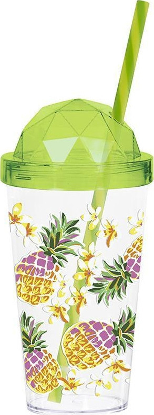 660 cc Elmas Kapaklı Renkli Ananas Desenli Pipetli Bardak