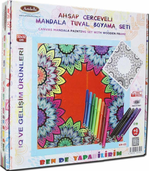 05 I Ahşap Çerçeveli Mandala Tuval Boyama Seti + 6 Yaş 32x32 cm