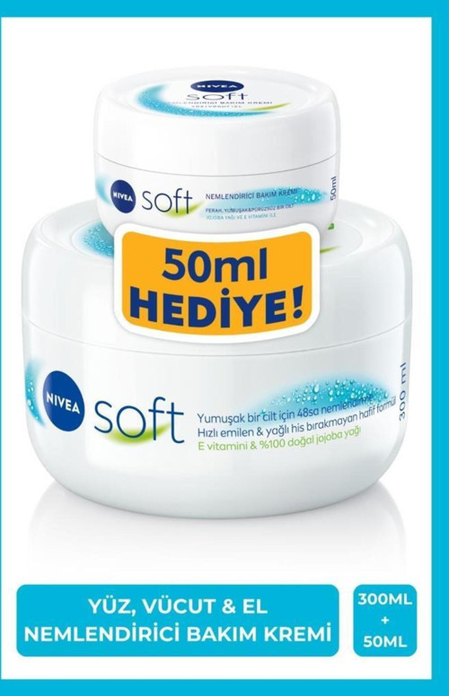 Soft Nemlendirici El Yüz ve Vücut Bakım Kremi 300ml ve 50ml, Jojoba Yağı, E Vitamini, Ekonomik Paket
