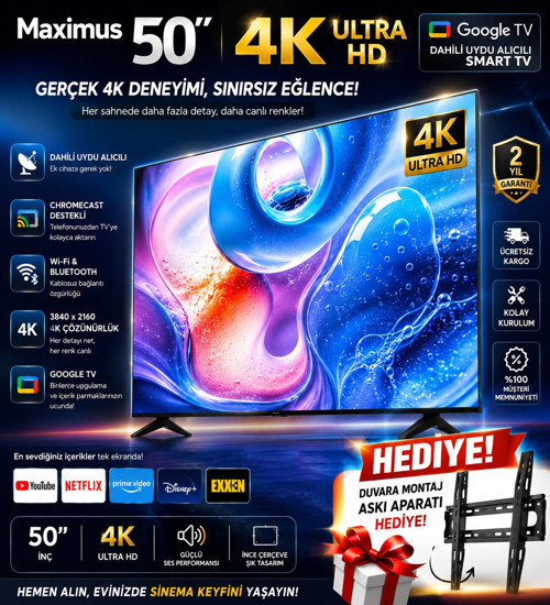 50 İnç 127 Ekran 4K Ultra HD Google TV Dahili Uydu Alıcılı Smart LED TV + Duvar Askı Aparatı Hediyeli