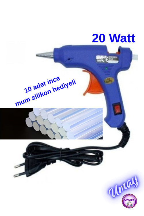 Anahtar Korumalı 20W Sıcak Silikon Tabancası + 10 Adet 7Mm İnce Mum Silikon 15 Cm Hediyeli