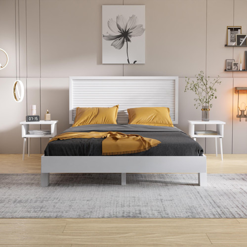Ebruli Model Beyaz Renk Çam Ahşap Karyola Ve İki Komodin Set ( Yatay ) 140x200 cm