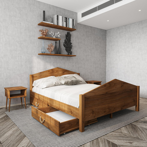 Milano Model İki Çekmeceli Ceviz Renk Çam Ahşap Karyola Ve İki Komodin Set 160x200 cm