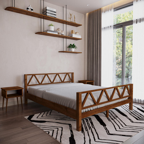 Milena Model Ceviz Renk Çam Ahşap Karyola Ve İki Komodin Set 90x190 cm