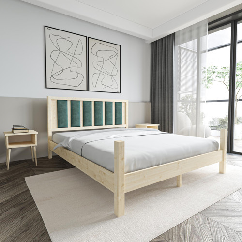 Orion Model Çağla Yeşili Puflu Başlıklı Vernikli Çam Ahşap Karyola 160x200 cm