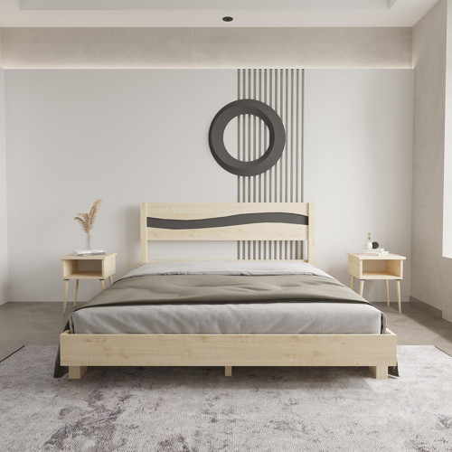 Okyanus New Model Antrasit Detaylı Doğal Çam Ahşap Karyola Ve İki Komodin Set 140x200 cm