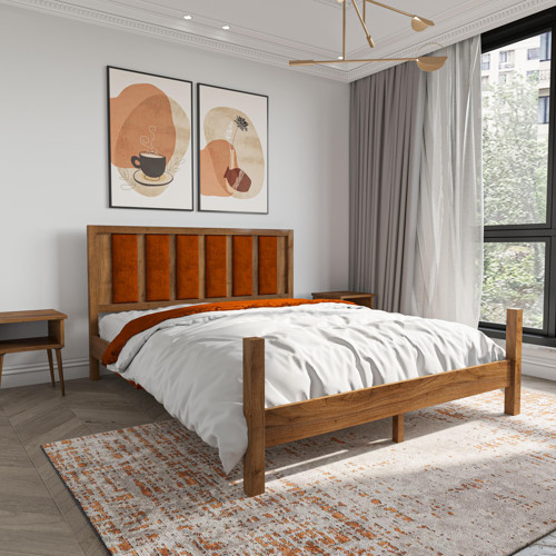 Orion Model Kiremit Renk Puflu Başlıklı Ceviz Renk Çam Ahşap Karyola 200x200 cm