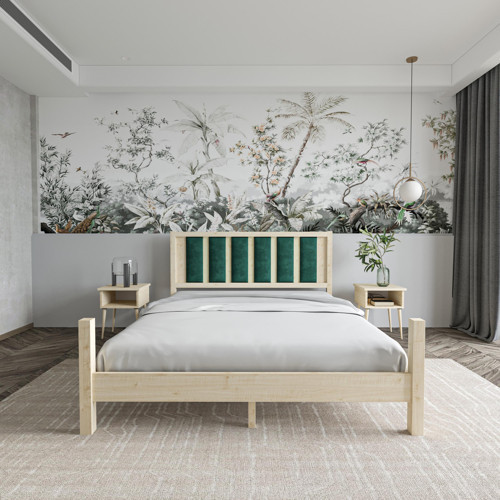 Orion Model Zümrüt Yeşili Puflu Başlıklı Vernikli Çam Ahşap Karyola Ve İki Komodin Set 180x200 cm