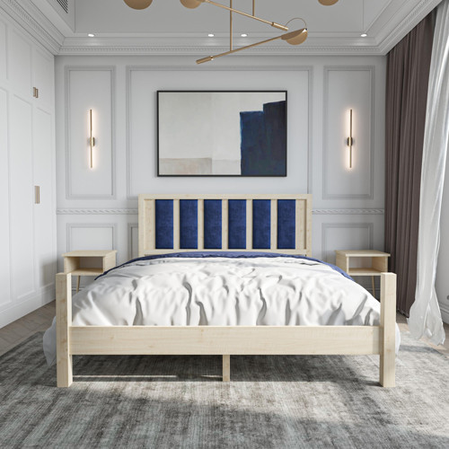 Orion Model Lacivert Renk Puflu Başlıklı Doğal Çam Ahşap Karyola Ve İki Komodin Set 180x200 cm