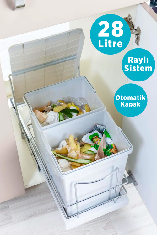 28L Çift Bölmeli Çöp Kovası | Dolap İçi Montajlı Raylı Otomatik Kapaklı Teleskopik Çöp Kovası 14+14