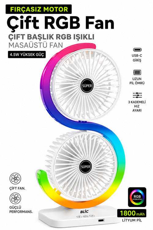 Şarjlı Vantilatör Masaüstü Fırçasız Motor Çift Başlıklı Fan 5 Kademe RGB Led Işıklı Vantilatör 1800 mAh Şarjlı