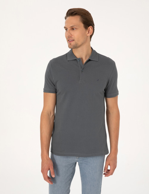 Antrasit Slim Fit %100 Pamuk Kıvrılmaz Düğmeli Polo Yaka Basic Tişört 50325323-VR006