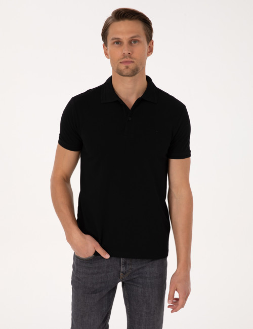 Siyah Slim Fit %100 Pamuk Kıvrılmaz Düğmeli Polo Yaka Basic Tişört 50325323-VR046