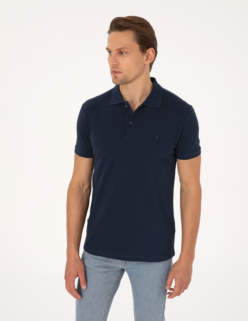Lacivert Slim Fit %100 Pamuk Kıvrılmaz Düğmeli Polo Yaka Basic Tişört 50325323-VR033