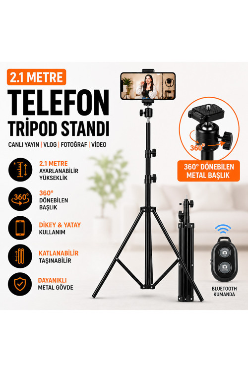 Telefon Tripodu 2.1 Metre Bluetooth Kumandalı 360 Derece Metal Başlıklı Vlog Canlı Yayın Video Çekim Standı