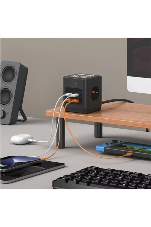 Smayling 3680W 3’Lü Çoklu Priz 2 Usb 2 Type-C Gece Işıklı Masaüstü Küp Priz Şarj İstasyonu 4