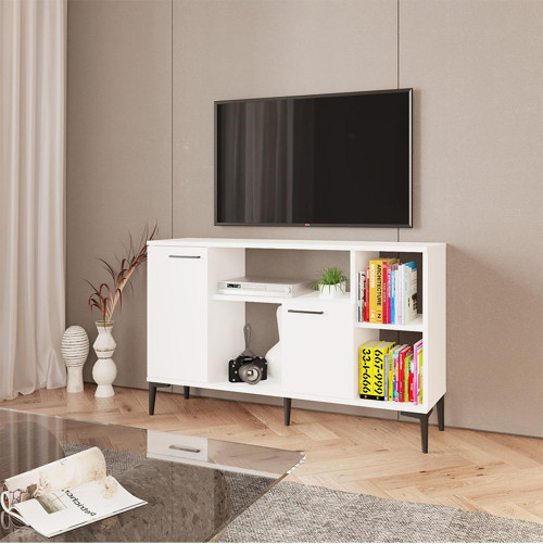 Mavi Tv Sehpası, Konsol, Kitaplık, Çok Amaçlı Dolap, Kapaklı, Ayaklı Tv Ünitesi Beyaz