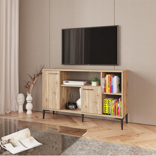 Mavi Tv Sehpası, Konsol, Kitaplık, Çok Amaçlı Dolap, Kapaklı, Ayaklı Tv Ünitesi Kobe