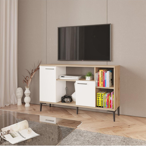 Mavi Tv Sehpası, Konsol, Kitaplık, Çok Amaçlı Dolap, Kapaklı, Ayaklı Tv Ünitesi Kobe - Beyaz