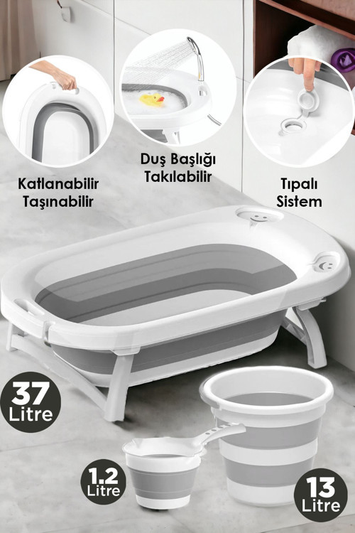 Katlanır 3'lü Bebek Çocuk Yıkama Küvet - Kova - Maşrapa Seti Büyük Boy Banyo Seti