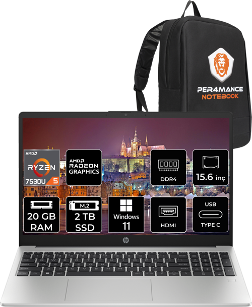 255 G10 Ryzen 5 7530U 20Gb Ram 2Tb Ssd 15.6'' Fhd W11Home 8A547Ea & Per4 Çanta