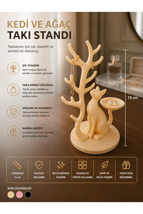 Kedi Ve Ağaç Takı Standı – 15 Cm Dekoratif Takı Organizeri