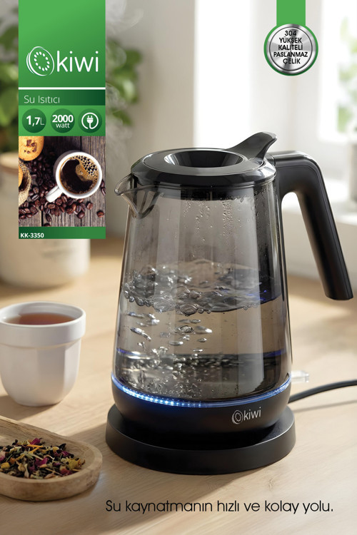 KK-3350 Cam Su Isıtıcı | 2000W 1.7 L Borosilikat Cam & LED Işıklı &360° Kablosuz Kullanım Siyah