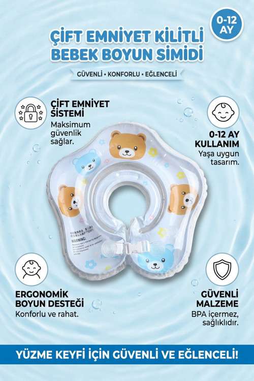 Bebek Boyun Simidi Süngerli Ayıcık Temalı Çift Emniyetli 0-12 Ay Mavi Yüzme Boyunluğu