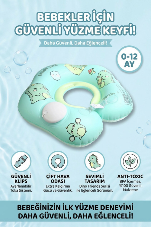 Pompa Gerektirmeyen Bebek Yüzme Boyun Simidi Süngerli Yeni Nesil Çift Emniyet Tokalı 0-12 Ay Yeşil