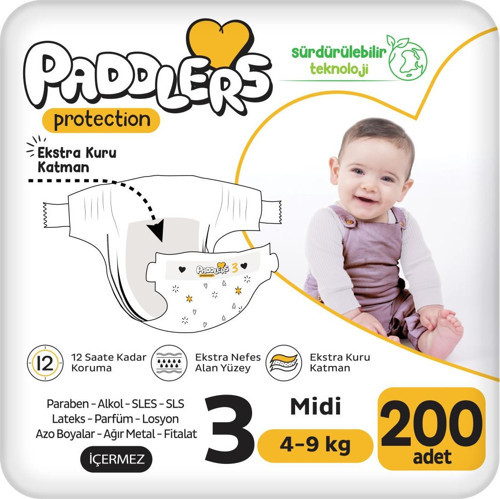 Protection Bebek Bezi 3 Numara Midi (4-9 Kg) 200 Adet – Ekstra Jumbo Set, Maksimum Koruma