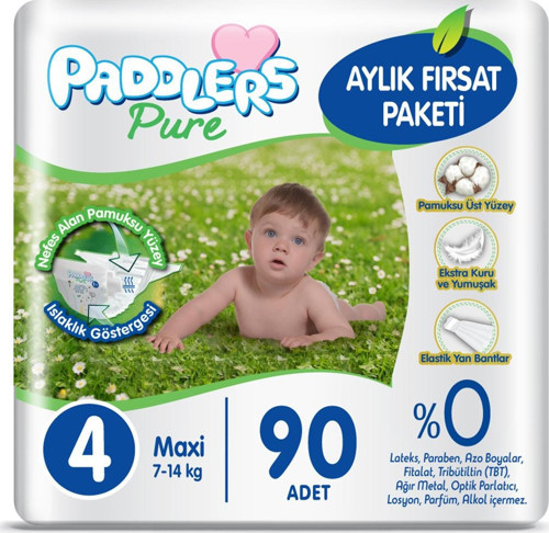 Pure Bebek Bezi 4 Numara Maxi 90 Adet (7-14 Kg) Aylık Fırsat Paketi