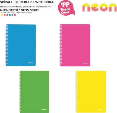 Neon Serisi Spiralli Defter PP Kapak 96 Yaprak Kareli 4'LÜ