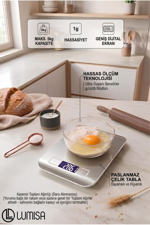 Platin Mutfak Terazisi Paslanmaz Çelik Yüzeyli Hassas Mutfak Tartısı Lcd Ekranlı 5 Kg Pil Hediyeli