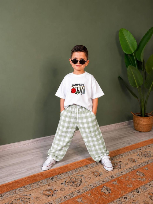 Cg Kids Camp Life Nakışlı Tişört ve Ekose Pantolon Erkek Çocuk Alt Üst Takımı / Su Yeşili