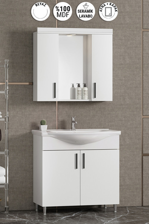 Leylak 80 cm Beyaz MDF Seramik Lavabolu Ayaklı Banyo Dolabı Takımı