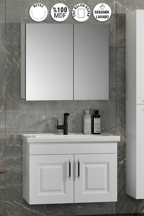 Salkım 65 cm Beyaz Balon MDF Seramik Lavabolu Asma Banyo Dolabı Takımı