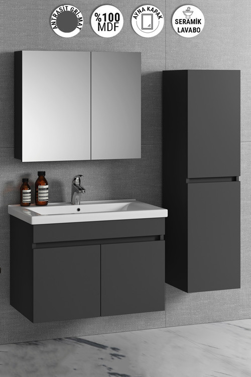 Aynalı Boy Dolaplı Banyo Dolabı Takımı 80+35 Cm Komple Mdf Ve Seramik Lavabolu