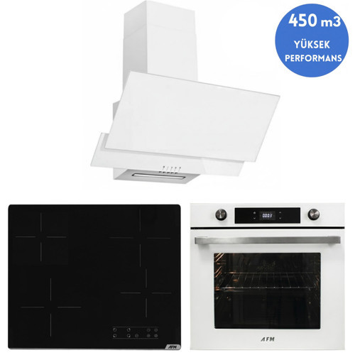 AFM Serisi R-line Vitro. Elektrikli Cam Beyaz Ankastre Set ( V6-04 Siyah + FM7701 + FM3301)
