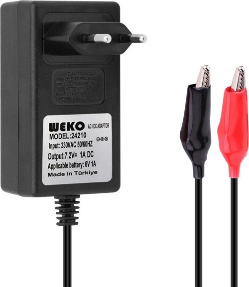 WEKO 7.2 VOLT - 1 AMPER KROKODİL UÇLU PRİZ TİP KIRMIZI YEŞİL LEDLİ YERLİ ÜRETİM AKÜ ŞARJ ADAPTÖRÜ (OUT:6V1A)