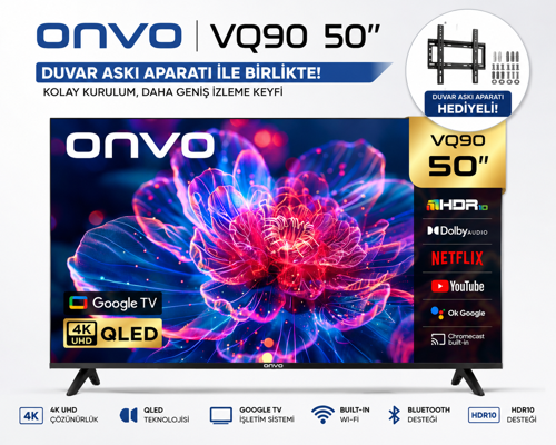 50VQ90F3UA 50 127 Ekran Google TV QLED HDR10 Bluetooth Wi-Fi Duvar Askı Aparatı Dahil