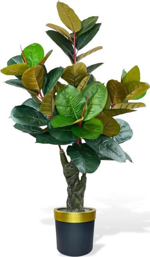 Yapay Ağaç Kauçuk Ağacı Metal Gold Kemerli Saksıda Ficus Elastica Salon Çiçeği 150*90 61 Yaprak