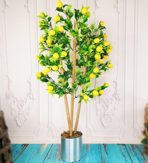 Yapay Ağaç Limon Ağacı Gür Yapraklı 80cm Bambu Dalında Gümüş Paslanmaz Aleminyum Saksılı