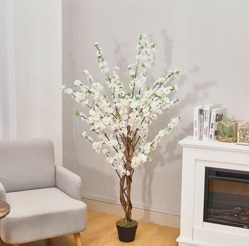 Yapay Ağaç Lüx Bahardalı Ağacı Beyaz Japon Kiraz Çiçeği Sakura Çiçeği 150x70cm Siyah Plastik Saksılı