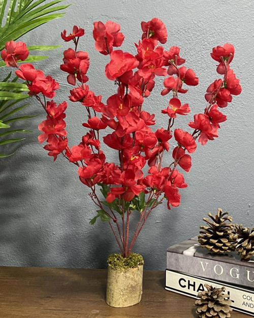Nettenevime Yapay Çiçek Ahşap Kütük Saksılı Kırmızı Bahardalı Palmiye Ağacı Salon Bitkisi 50 cm