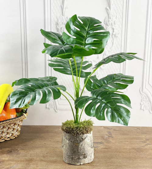 Yapay Çiçek Monstera 9 Dal Kütük Saksılı Deve Tabanı Dekoratif Süs Çiçeği