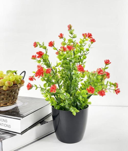 Yapay Çiçek Siyah Saksıda Kırmızı Mineli Şimşir Büyük Boy 33x25 cm