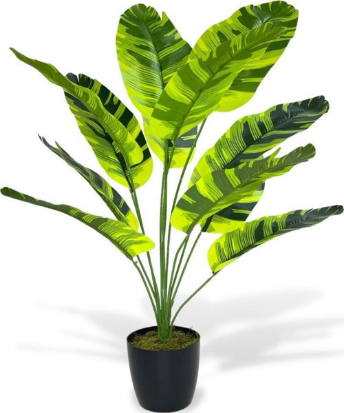Yapay Çiçek Saksıda Muz Desenli Yapraklı 12Dal 60cm Salon Çiçeği Yapay Bitki