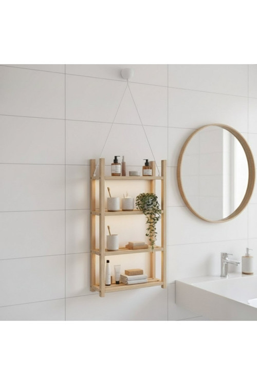 Flyahşap Masif Meşe 3 Katlı Banyo Rafı - Dekoratif İskandinav Tasarım Asma Düzenleyici - 30X60 Cm