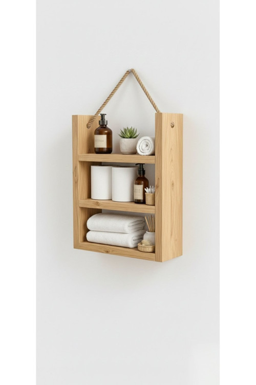 Doğal Ahşap Banyo Rafı - 3 Katlı Duvar Rafı - Askılı Dekoratif Raf 60X30 Cm